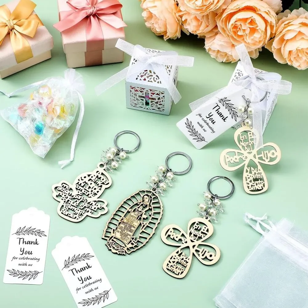 120 Pcs 30 Sets Baptism Party Favors Keychains Organza Bags Boxes Tags, White